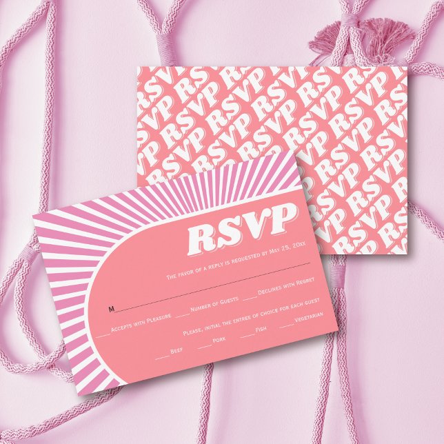 Pink sunrays retro groovy 70s inspired wedding RSVP card (Creator Uploaded)