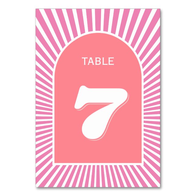 Pink sunrays retro groovy 70s inspired wedding table number (Front)