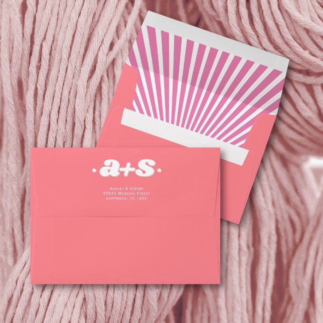 Pink sunrays retro groovy initials wedding envelope (Creator Uploaded)