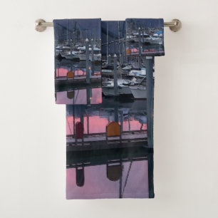 Pink Sunrise Boat Harbor - Bathroom Towel Set