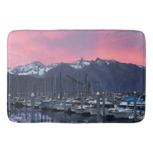 Pink Sunrise Boat Harbor - Large Bath Mat