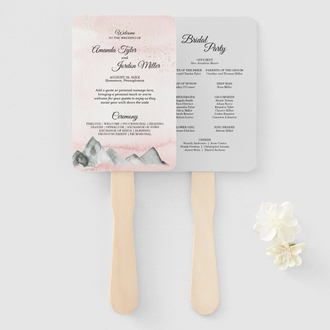 Pink Sunrise Mountain Wedding Program Hand Fan (Front and Back)