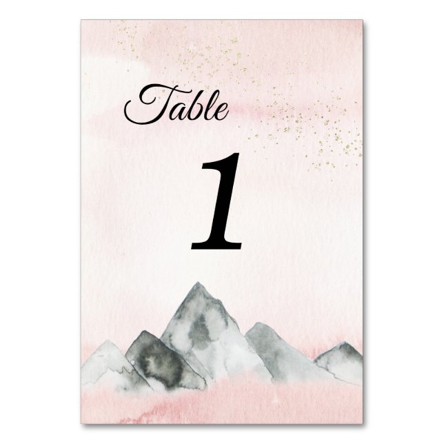 Pink Sunrise Mountain Wedding Table Numbers Sign (Front)
