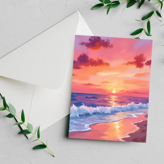 Pink Sunset Beach Waves Seascape Painting Card (Creator Uploaded)