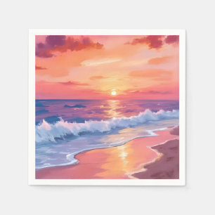 Pink Sunset Beach Waves Seascape Painting Napkin
