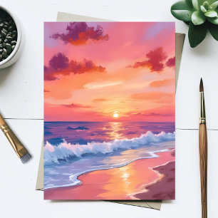Pink Sunset Beach Waves Seascape Painting Postcard
