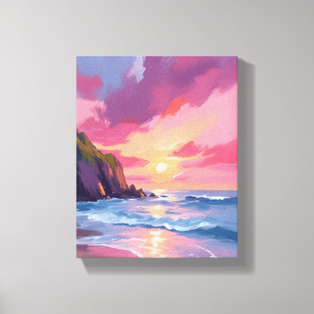 Pink Sunset Ocean Beach Waves Watercolor Canvas Print (Front)
