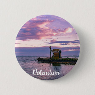 Pink sunset over lake 6 cm round badge
