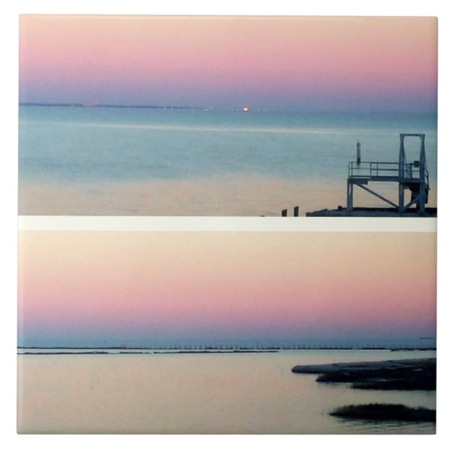 Pink Sunset over Water and Broken Pier Photo Tile (Front)