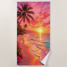 Pink Sunset Paradise Beach Towel