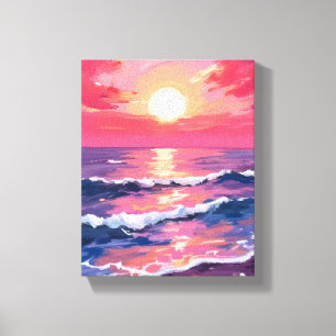 Pink Sunset Purple Ocean Waves Watercolor Canvas Print