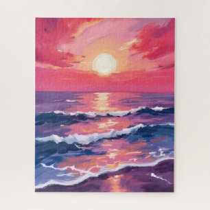 Pink Sunset Purple Ocean Waves Watercolor Jigsaw Puzzle