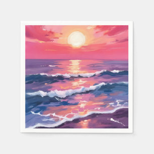 Pink Sunset Purple Ocean Waves Watercolor Napkin