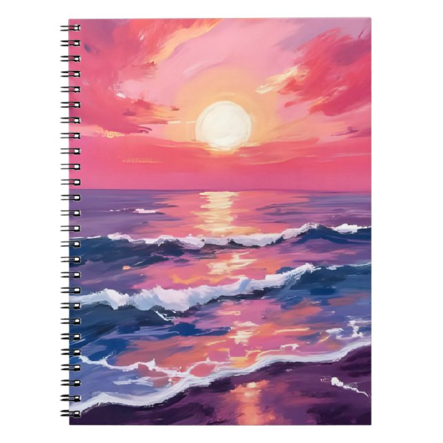 Pink Sunset Purple Ocean Waves Watercolor Notebook (Front)