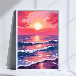Pink Sunset Purple Ocean Waves Watercolor Poster
