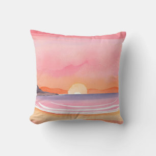 Pink Sunset   Watercolor Beach Sky Painting Cushion