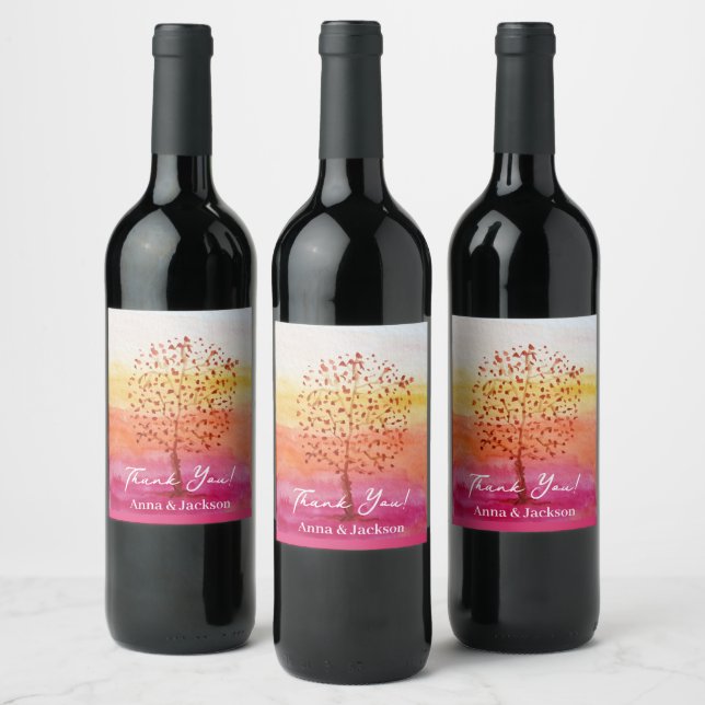 Pink Sunset Watercolor Hand Painted Thank you Wine Label (Bottles)