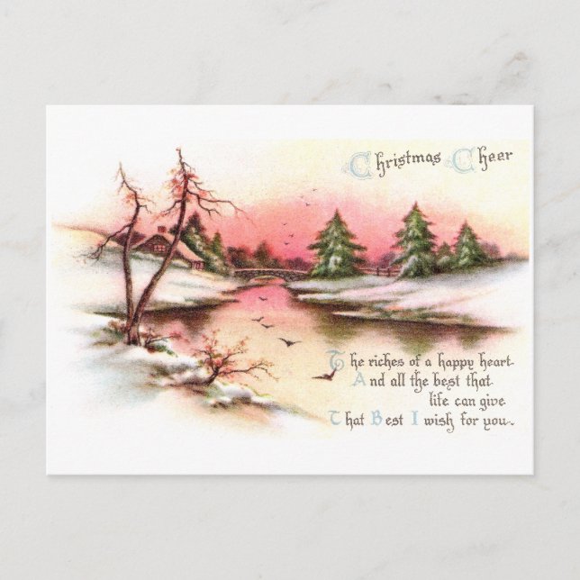 Pink Sunset Winter Landscape Vintage Christmas Holiday Postcard (Front)