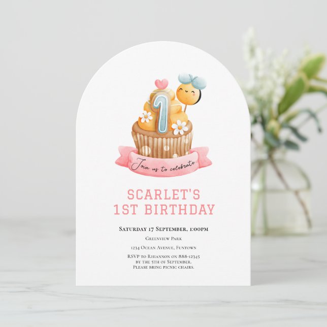 Pink Sunshine Cupcake 1st birthday Invitation (Standing Front)