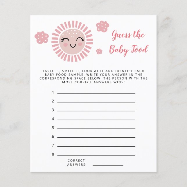 Pink Sunshine Guess The Baby Food Shower Game  (Front)