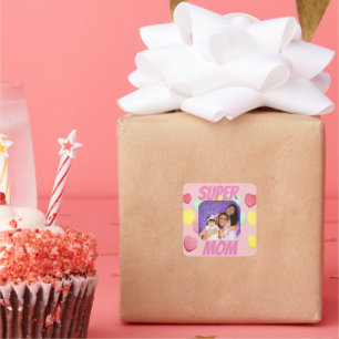 Pink Super Mum Photo Colourful Hearts Mothers Da Square Sticker