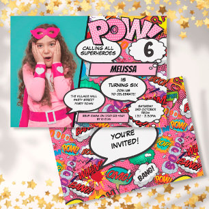 Pink Superhero Comic Birthday Party Photo Invitation