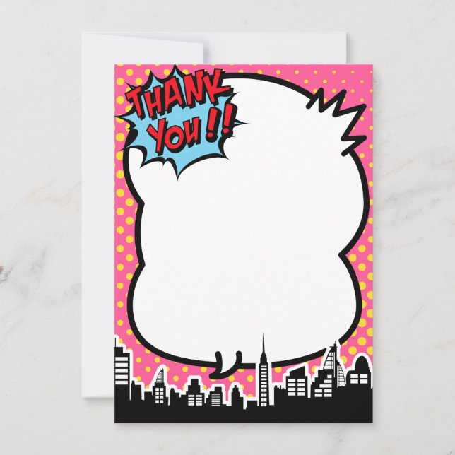 Pink Superhero Comic Strip Thank You Notes (Front)