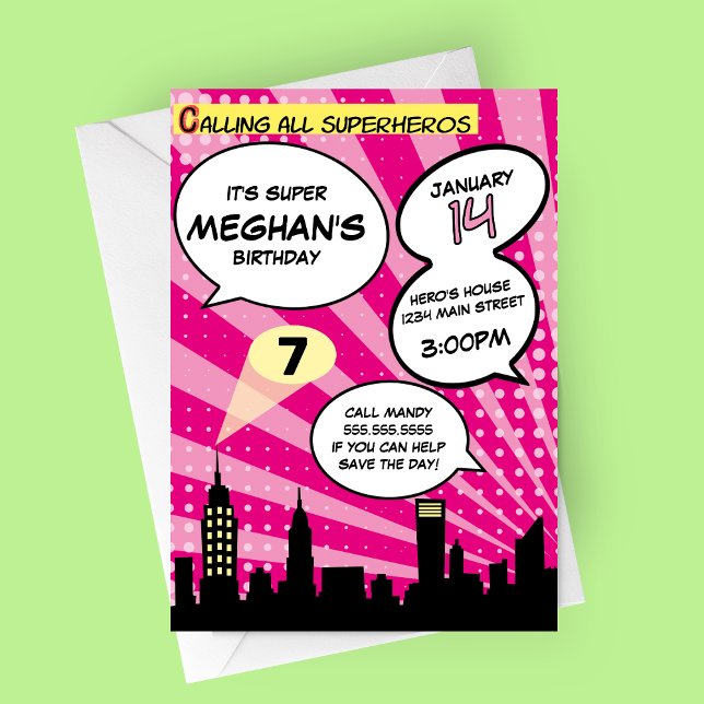 Pink Superheros Comic Book Styled Birthday Party Invitation (Pink Comic Book Superheros Birthday Party Invitation)