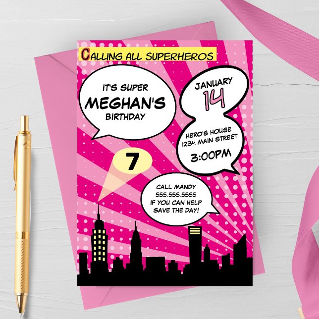 Pink Superheros Comic Book Styled Birthday Party Invitation (Creator Uploaded)