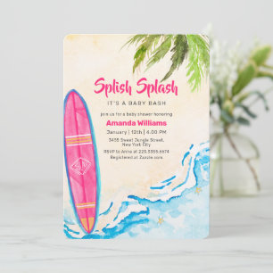 Pink Surf Plam Tree Beach Baby Shower Invitation