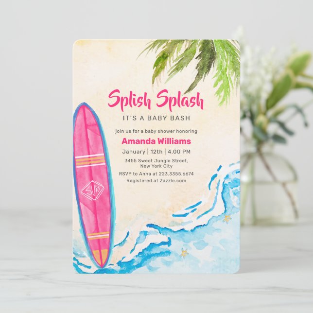 Pink Surf Plam Tree Beach Baby Shower   Invitation (Standing Front)