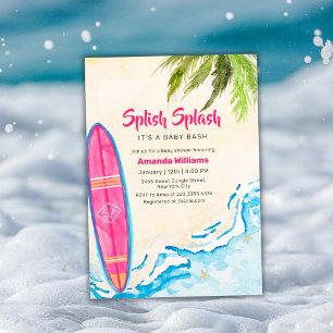 Pink Surf Plam Tree Beach Baby Shower   Invitation