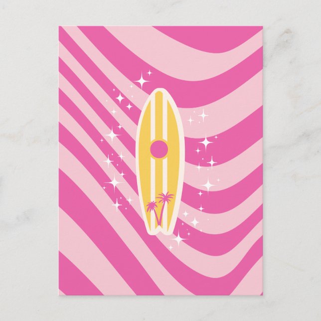 Pink Surfboard, Beach Art, Tropical Vibes, Preppy Holiday Postcard (Front)