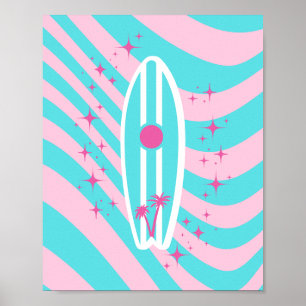 Pink Surfboard, Beach Art, Tropical Vibes, Preppy Poster