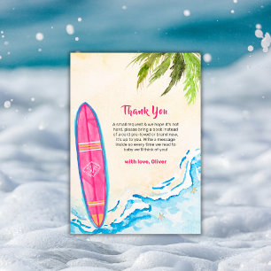 Pink Surfboard Plam Tree Beach Baby Shower Thank You Card