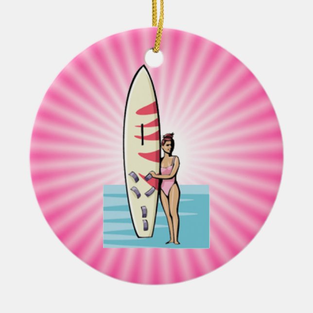 Pink Surfer Girl Ceramic Tree Decoration (Front)