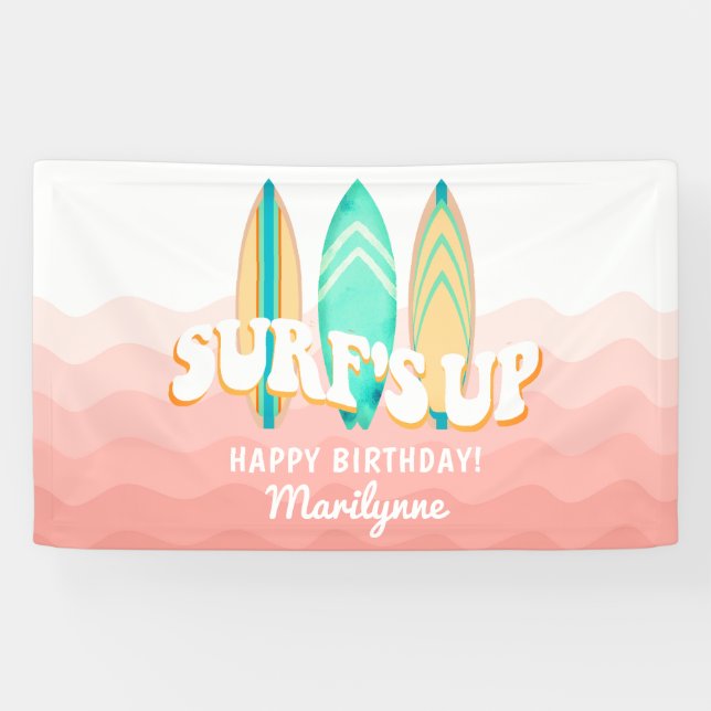 Pink Surfs Up Surfboard Birthday Banner (Horizontal)