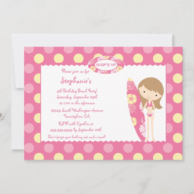 Pink surf's up swimming birthday party invitation (Front)