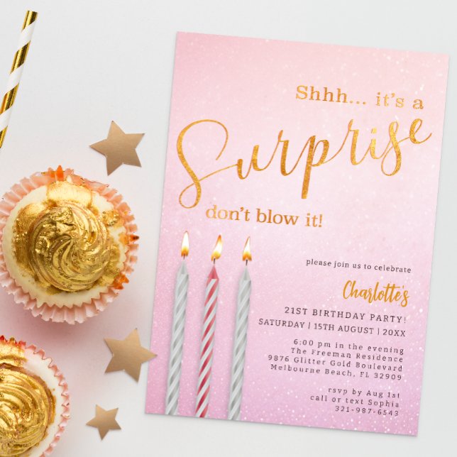 Pink Surprise Birthday Invitation – Glitter Candle (Surprise Birthday Party Invitation)