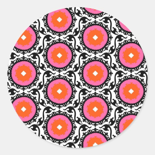 Pink Suzani Pattern Classic Round Sticker (Front)