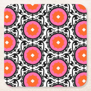 Pink Suzani Pattern Square Paper Coaster