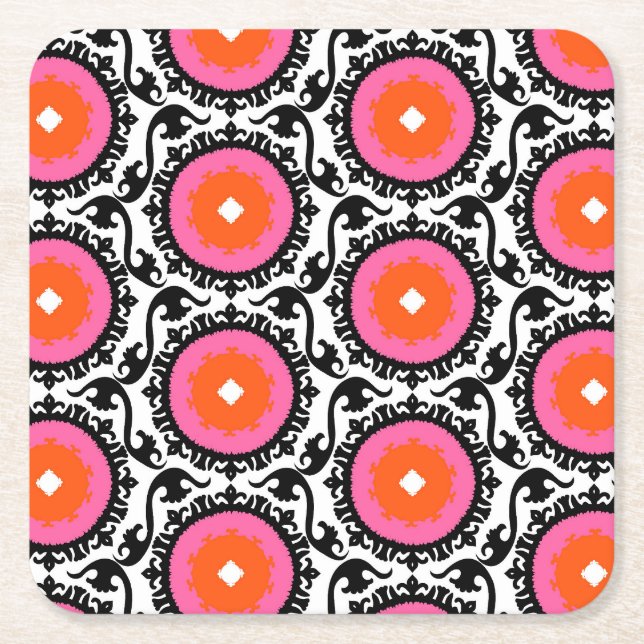 Pink Suzani Pattern Square Paper Coaster (Front)