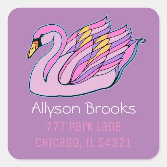 Pink Swan DIY Name & Return Address, Lavender Square Sticker (Front)
