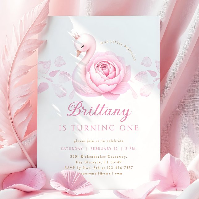 Pink Swan Floral First Birthday Invitation (Creator Uploaded)