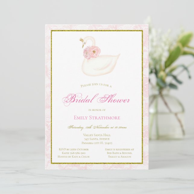 Pink Swan Invite, Bridal Shower, Baby Shower Invitation (Standing Front)