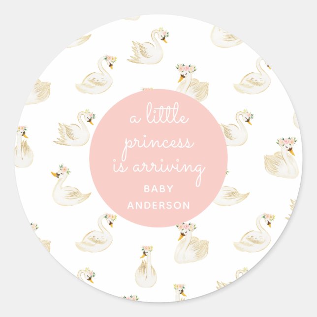 Pink Swan Princess Girl Baby Shower Classic Round Sticker (Front)