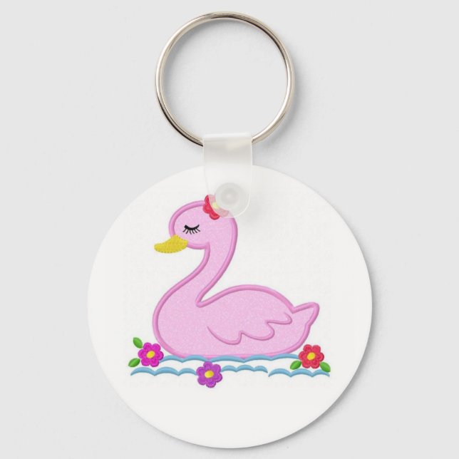 Pink Swan with flowers Key Ring (Front)