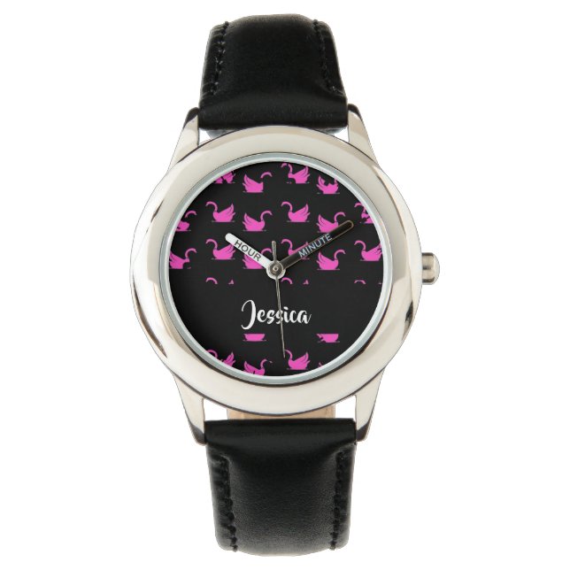 Pink swans silhouette on black watch (Front)