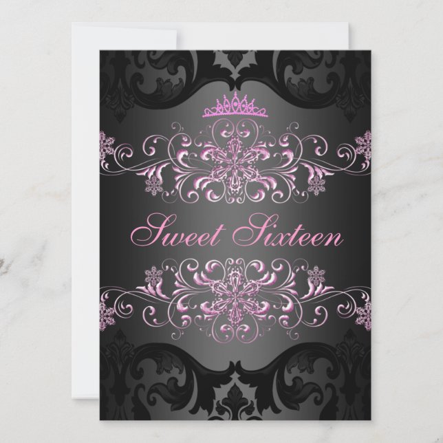 Pink Sweet16 Elegant Tiara Damask Birthday Invite (Front)