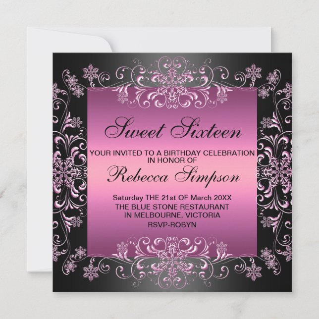 Pink Sweet16 Snow Dust Birthday Invite (Front)